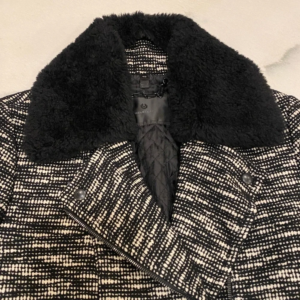 Belstaff Jacket Size Small Black White Wool Blend Shearling Collar Moto - Picture 3 of 16